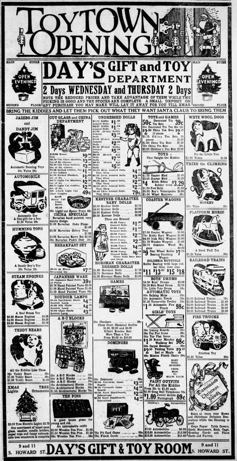 Imagine how many Akron children yearned for the toys in this December 1922 ad from the Day Drug Co.
