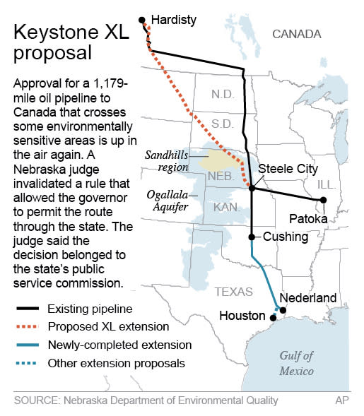 Map shows the proposed Keystone pipeline route; 2c x 4 inches; 96.3 mm x 101 mm;