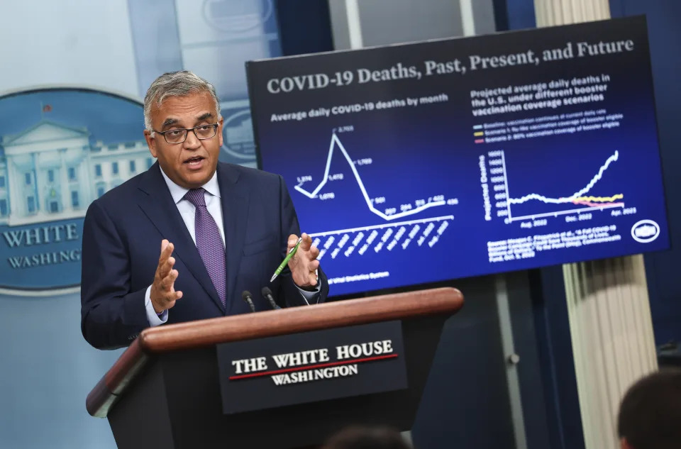 WASHINGTON, DC - OCTOBER 11: White House COVID-19 Response Coordinator Dr. Ashish Jha speaks at the daily press briefing at the White House on October 11, 2022 in Washington, DC. Jha spoke on the new COVID-19 Bivalent vaccine boosters and urged all Americans to take it. (Photo by Kevin Dietsch/Getty Images)