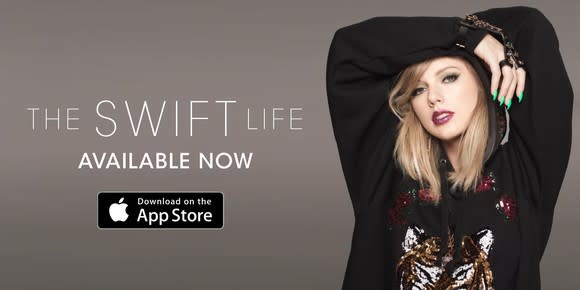 Taylor Swift in an ad promoting the availability of The Swift Life for iOS devices.