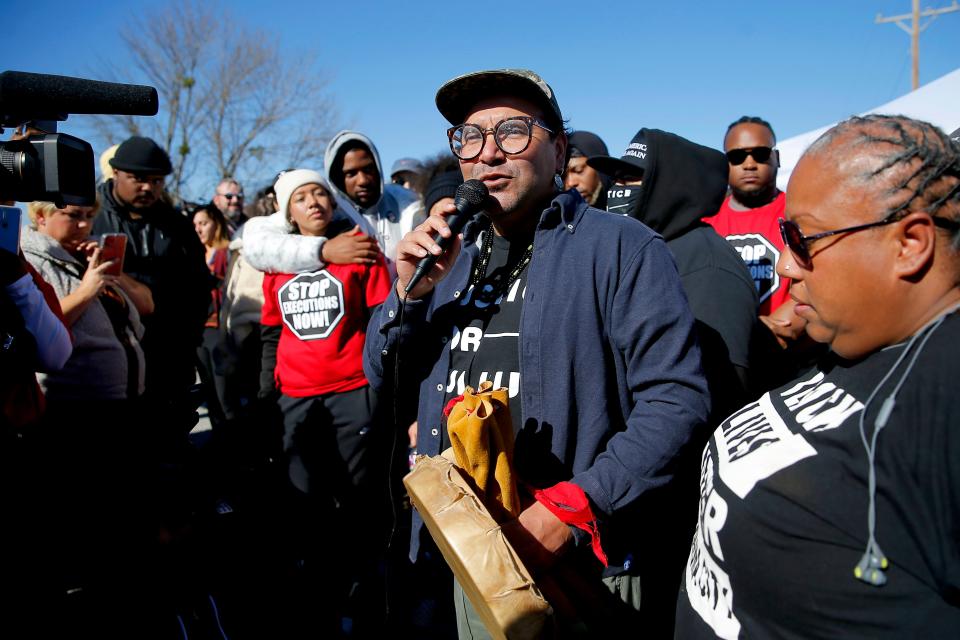 Quese IMC speaks to a crowd of Julius Jones supporters outside the Oklahoma State Penitentiary in McAlester, Okla., after hearing Jones was granted clemency on Thursday, Nov. 18, 2021. Hours before his scheduled execution Julius Jones was granted clemency and given a sentence of life without parole. 