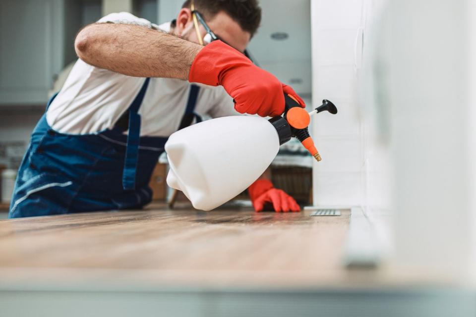 A worker in a white shirt, blue overalls, and red gloves uses a tool to spray a solution in a home.