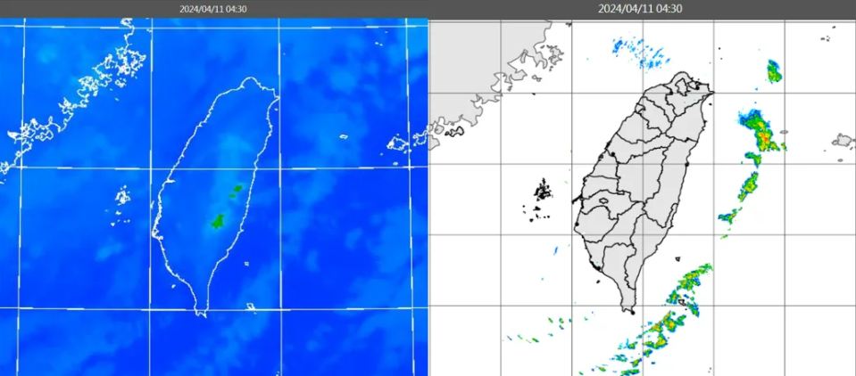 今日清晨4時30分紅外線色調強化雲圖顯示，台灣上空台灣上空有少量雲層（左）；雷達回波合成圖顯示，陸上無降水回波（右）。翻攝自氣象應用推廣基金會