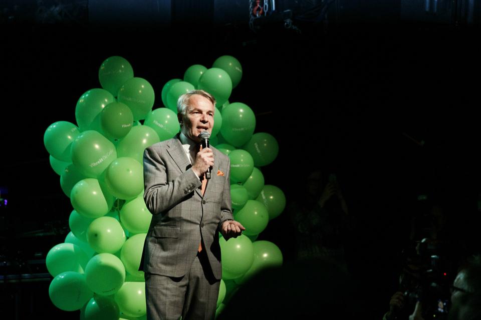 Chairman of the Green League Pekka Haavisto speaks at the Greens' election party in Helsinki, Finland, after the first results were announced on Sunday, April 14, 2019. (Roni Rekomaa/Lehtikuva via AP)