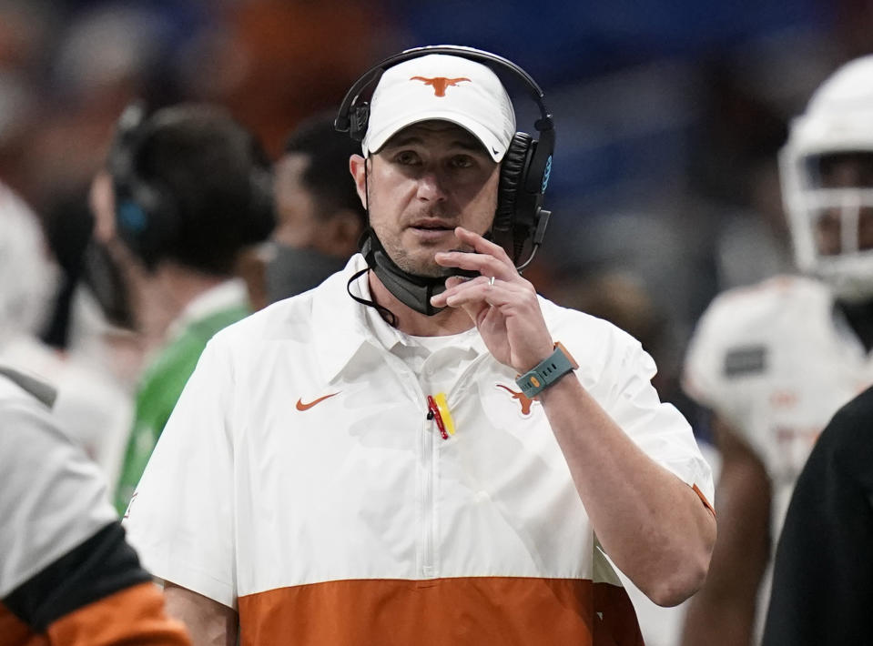 FILE - Texas head coach Tom Herman looks on during the second half of the Alamo Bowl NCAA college football game against Colorado in San Antonio, Dec. 29, 2020. Florida Atlantic fell one victory short of bowl eligibility last season and now is led by former Texas coach Herman, a former a rising star now seeking redemption after struggling to win consistently with the Longhorns. (AP Photo/Eric Gay, File)