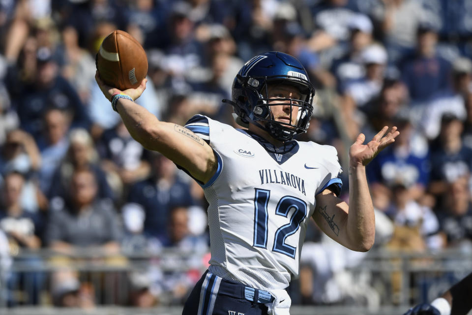 Villanova quarterback Daniel Smith (12) passes against Penn State in the first quarter touchdown during an NCAA college football game in State College, Pa., on Saturday, Sept. 25, 2021. (AP Photo/Barry Reeger)