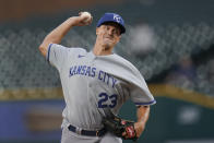 Kansas City Royals pitcher Zack Greinke throws against the Detroit Tigers in the first inning of a baseball game in Detroit, Tuesday, Sept. 27, 2022. (AP Photo/Paul Sancya)