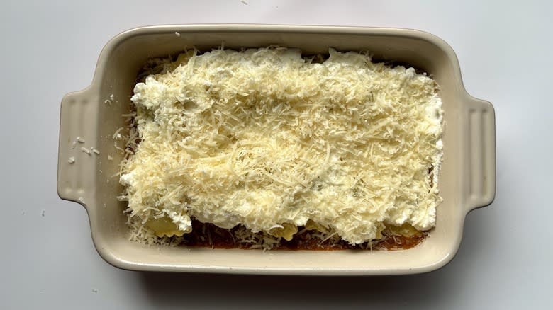 a baking dish with cheese