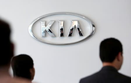 The logo of Kia Motors is seen at the manufacturing plant in Pesqueria