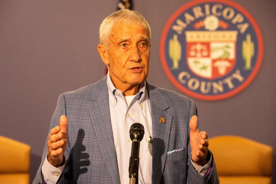 Maricopa County Board of Supervisors Chairman Jack Sellers speaks to the press in Phoenix, Aug. 2, 2021.