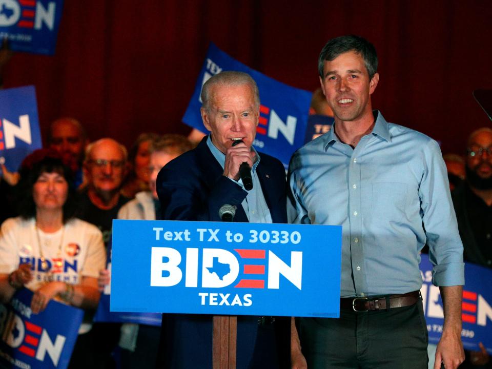 Democratic presidential candidate former Vice President Joe Biden speaks after former Texas Rep. Beto O'Rourke endorsed him at a campaign rally Monday, March 2, 2020 in Dallas. (AP Photo/Richard W. Rodriguez)