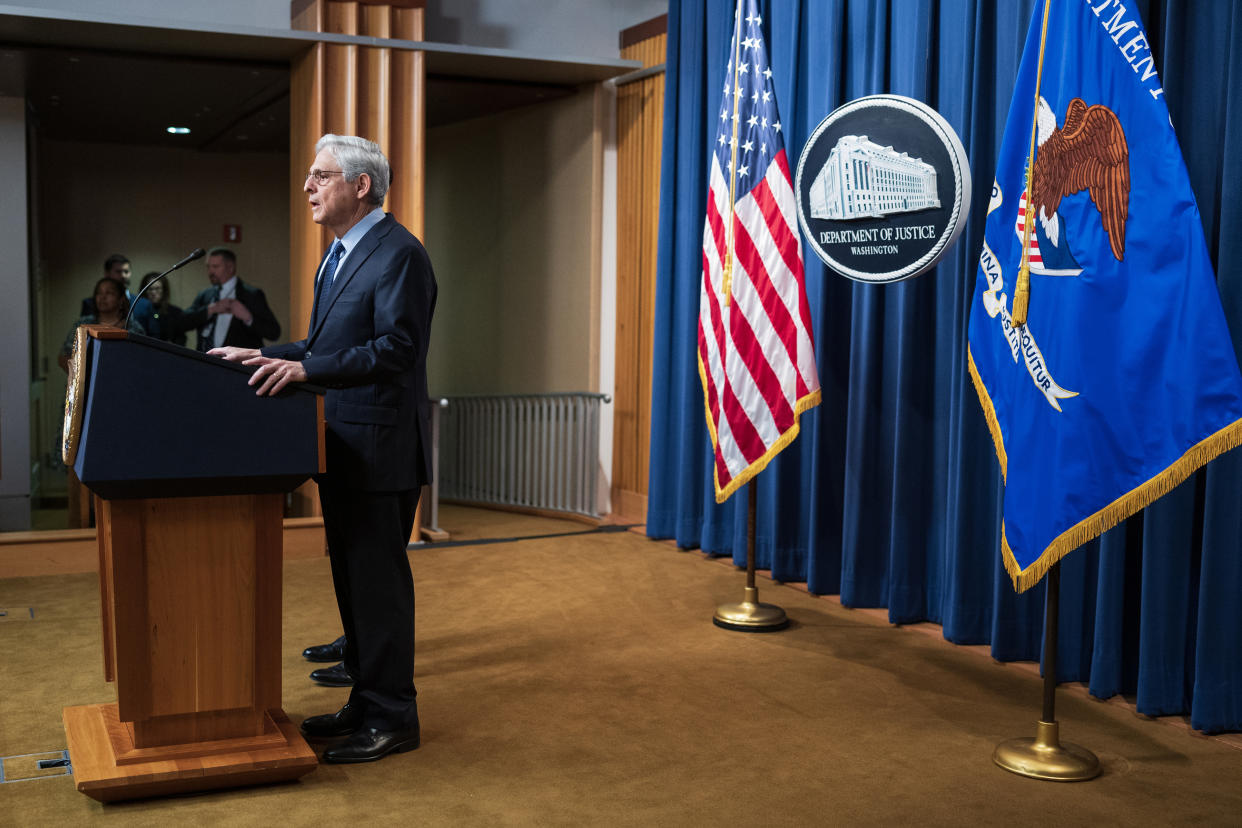 El fiscal general de Estados Unidos, Merrick Garland, habla en una conferencia de prensa en el Departamento de Justicia en Washington, el 12 de enero de 2023. (Tom Brenner/The New York Times)
