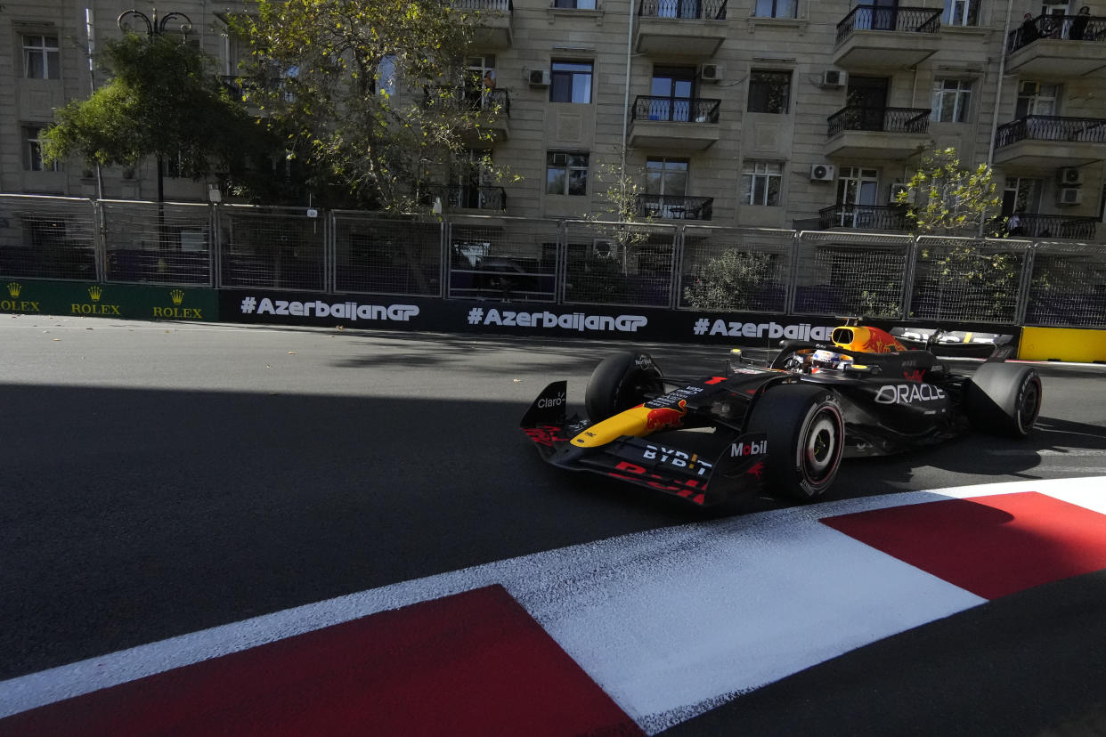 Red Bull driver Max Verstappen of the Netherlands in action during a Formula One Grand Prix in Baku, Azerbaijan, on Sunday, Sept. 15, 2024. (AP Photo/Sergei Grits)