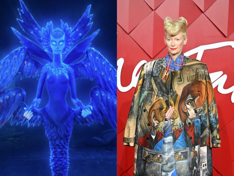 left: an otherworldly, bright blue, angel like creature with two pairs of wings on her back, wings protruding from her head, and glowing eyes; right: tilda swinton, her hair curled on top of her head, wearing a large jacket with art on it and looking forward