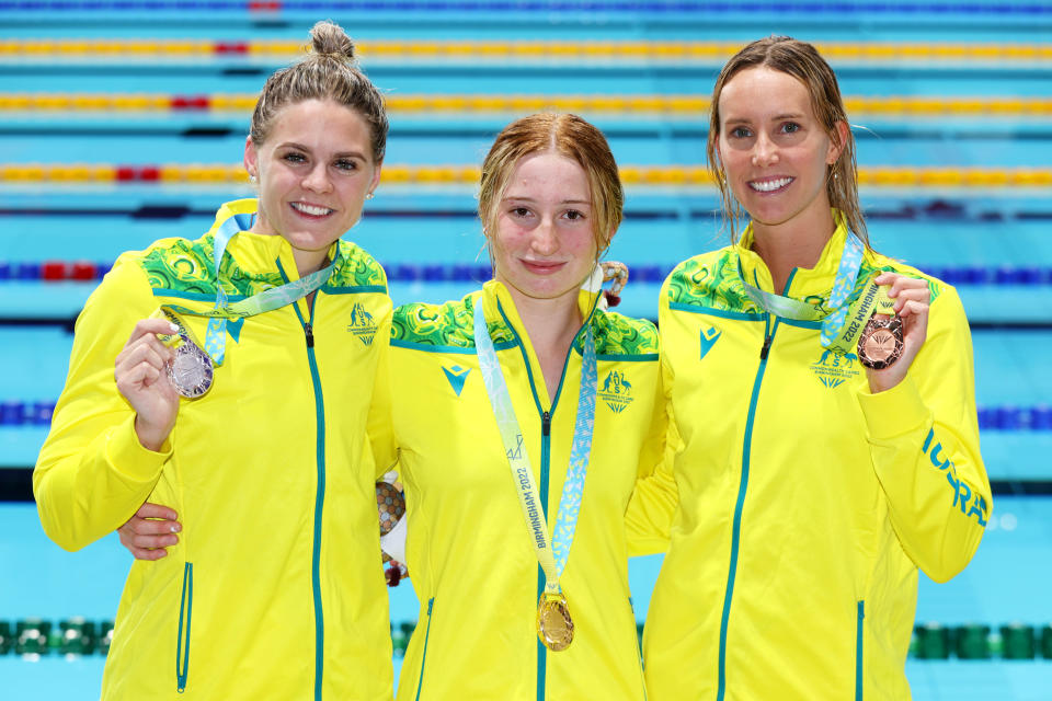 Shayna Jack, Mollie O'Callaghan and Emma McKeon, pictured here after the 100m freestyle final at the Commonwealth Games.