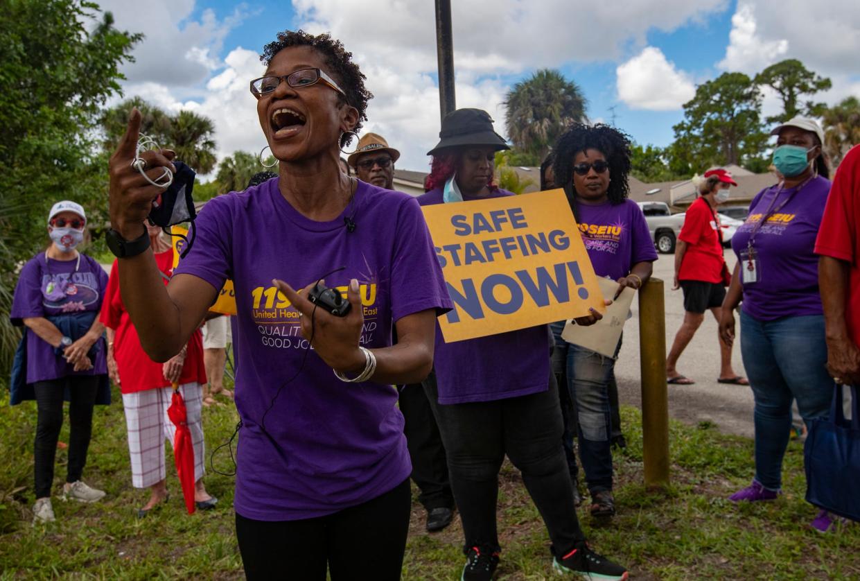 Coy Jones, a political coordinator speaks to the media as members of 1199SEIU United Healthcare Workers East held a protest against unsafe staffing levels at nursing homes in Southwest Florida Wednesday, June 8, 2022. They were joined by members of AARP. The protest was held outside of Raydiant Healthcare in North Fort Myers. 