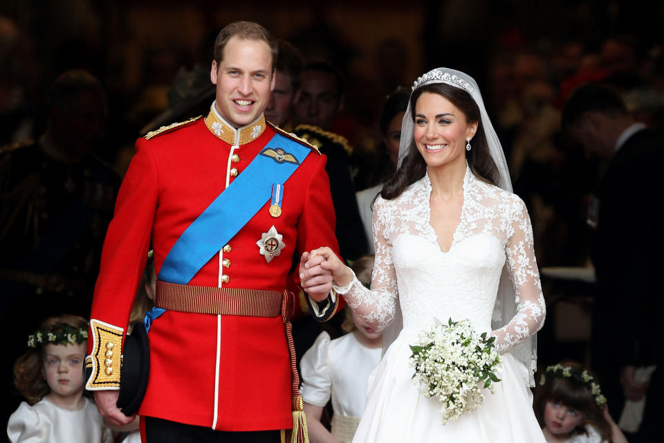 The new Duke and Duchess of Cambridge smile following their royal wedding ceremony at Westminster Abbey on April 29, 2011.