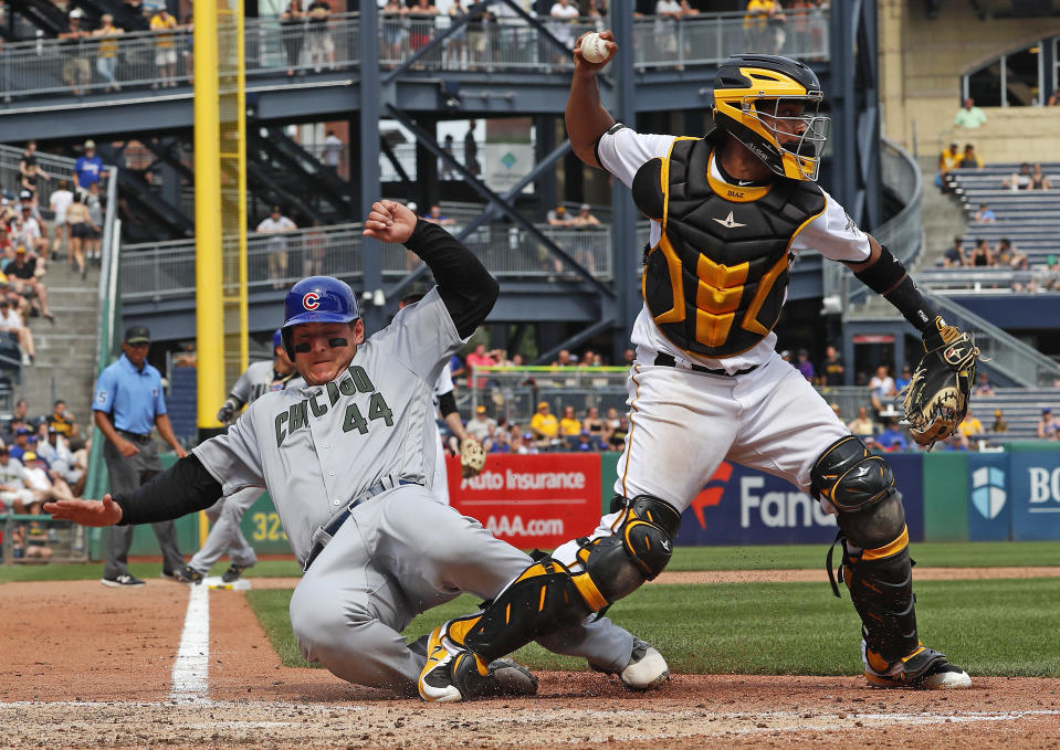 Anthony Rizzo’s slide caused plenty of controversy Monday night. (AP Photo/Gene J. Puskar)