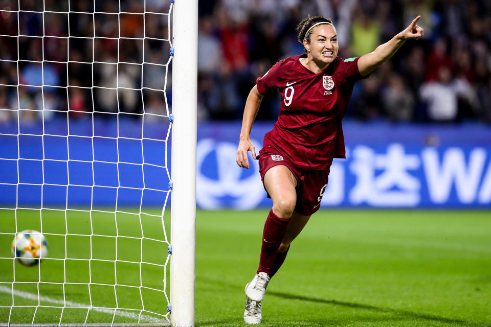 LE HAVRE, FRANCE - JUNE 14: #9 Jodie Taylor of England celebrates her scoring during the 2019 FIFA Women's World Cup France group D match between England and Argentina at  on June 14, 2019 in Le Havre, France. (Photo by Zhizhao Wu/Getty Images)