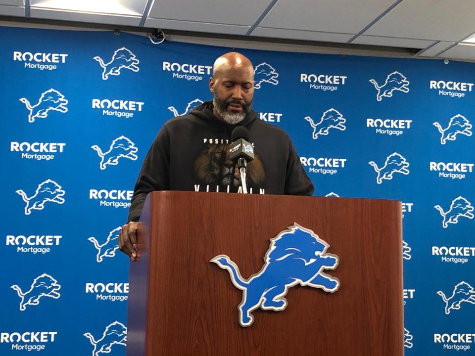 Detroit Lions general manager Brad Holmes wears a black hoodie with the words "Positional Villain" on it at his meeting with reporters in Allen Park on Friday, April 26, 2024.