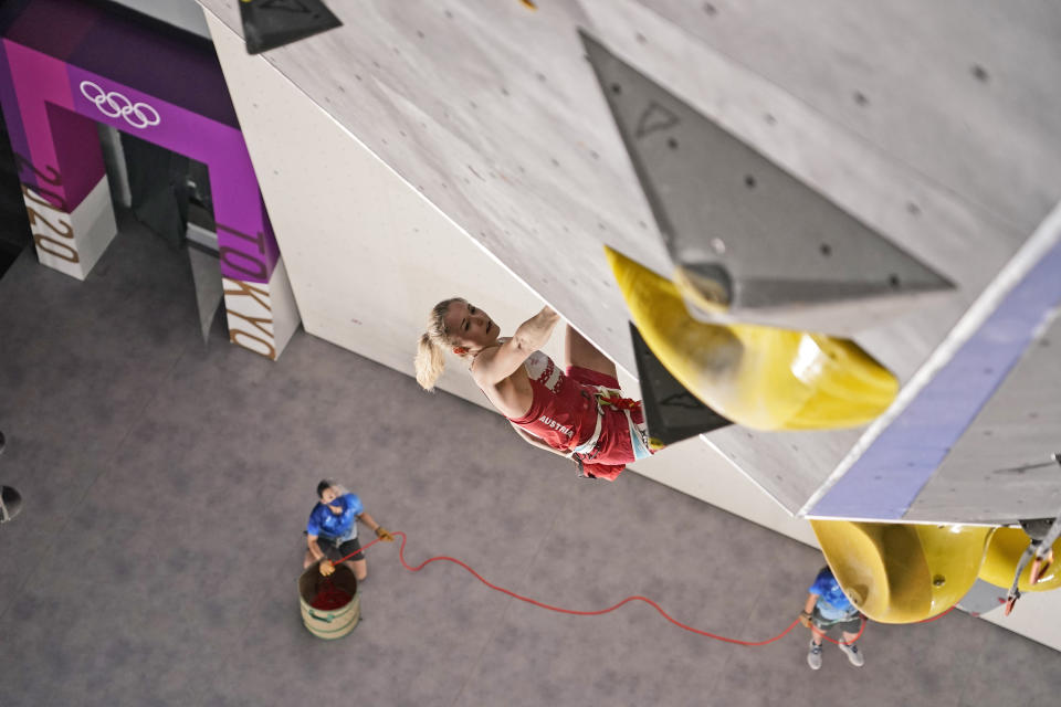 <p>Jessica Pilz, of Austria, climbs during the lead qualification portion of the women's sport climbing competition at the 2020 Summer Olympics, Wednesday, Aug. 4, 2021, in Tokyo, Japan. (AP Photo/Jeff Roberson, POOL)</p> 