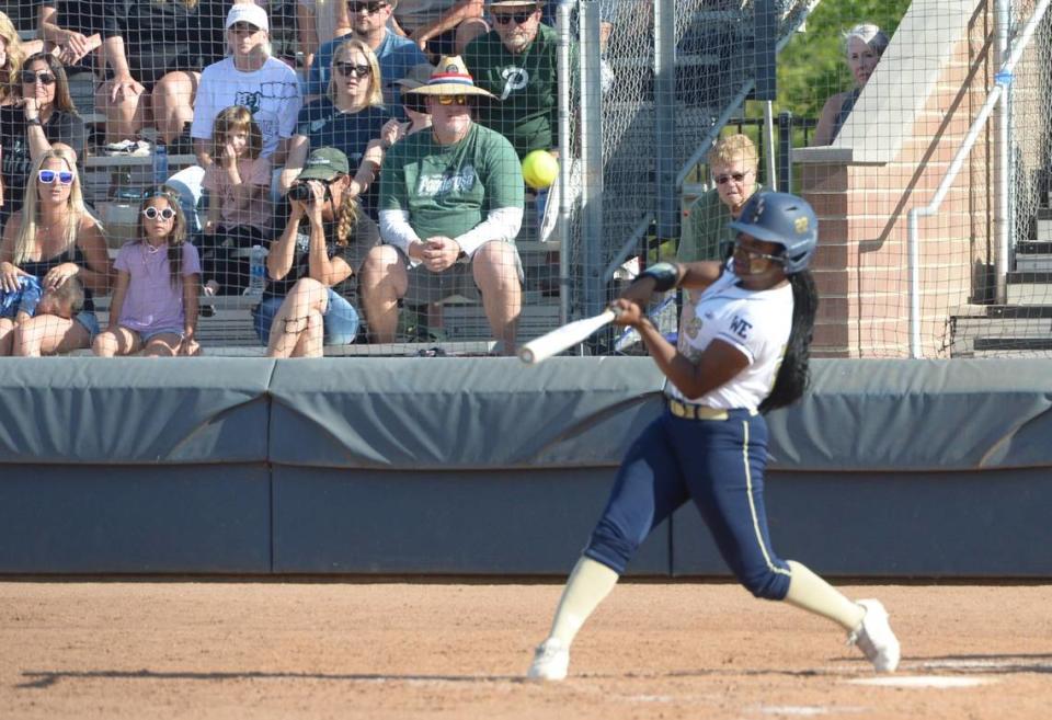 Central Catholic outfielder Emry Couch hits a pitch in the Sac-Joaquin Section Division III championship against Ponderosa at Cosumnes River College on Saturday, May 27. Central Catholic lost 1-0.