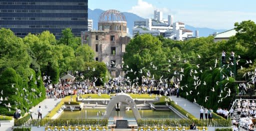 Doves fly over the Hiroshima Peace Memorial Park in western Japan, on August 6, during a memorial ceremony to mark the 67th anniversary of the atomic bombing of Hiroshima. Tens of thousands marked the anniversary as a rising tide of anti-nuclear sentiment swells in post-Fukushima Japan