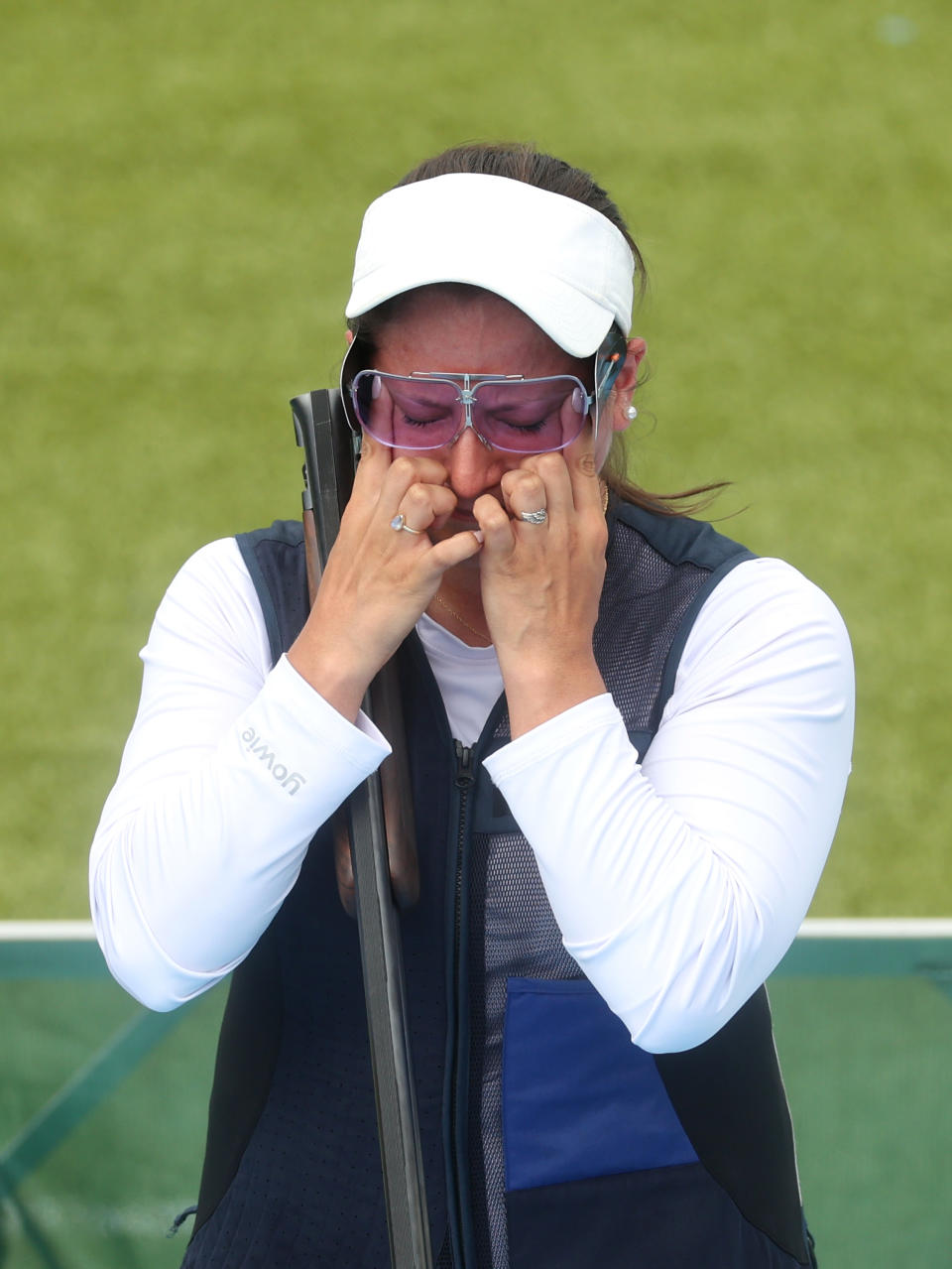 CHATEAUROUX, FRANCE - JULY 31: Adriana Ruano Oliva of Team Guatemala shows emotion as she wins the gold medal after competing in the Shooting Trap Women's Final on day five of the Olympic Games Paris 2024 at Chateauroux Shooting Centre on July 31, 2024 in Chateauroux, France. (Photo by Charles McQuillan/Getty Images)