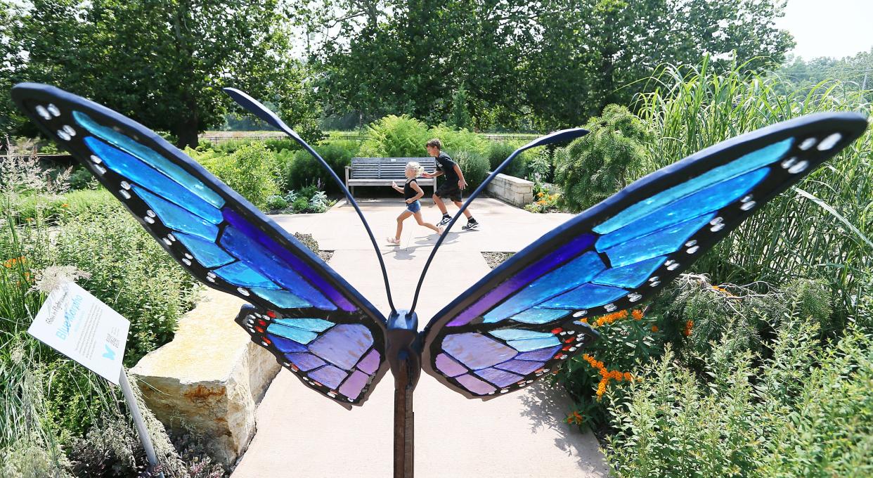 Children play near the Wandering Glider sculpture, which is part of the "Glass in Flight" exhibition by Alex Heveri at Reiman Gardens. Twenty sculptures depicting beetles, dragonflies, bees and butterflies are made of steel and glass.