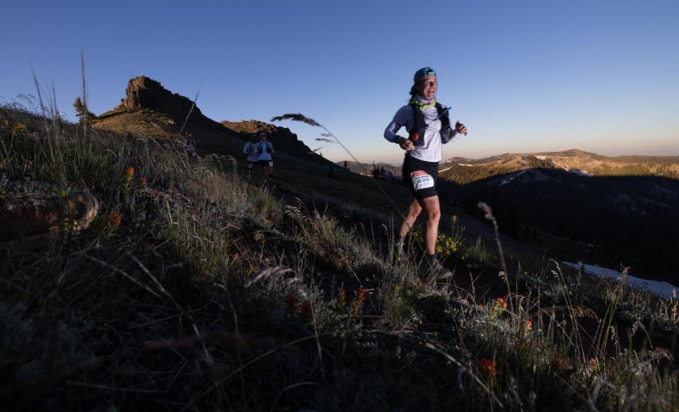 Shannon Krogsrud, 35, of Auburn, has a big smile after climbing four miles out of Olympic Valley.