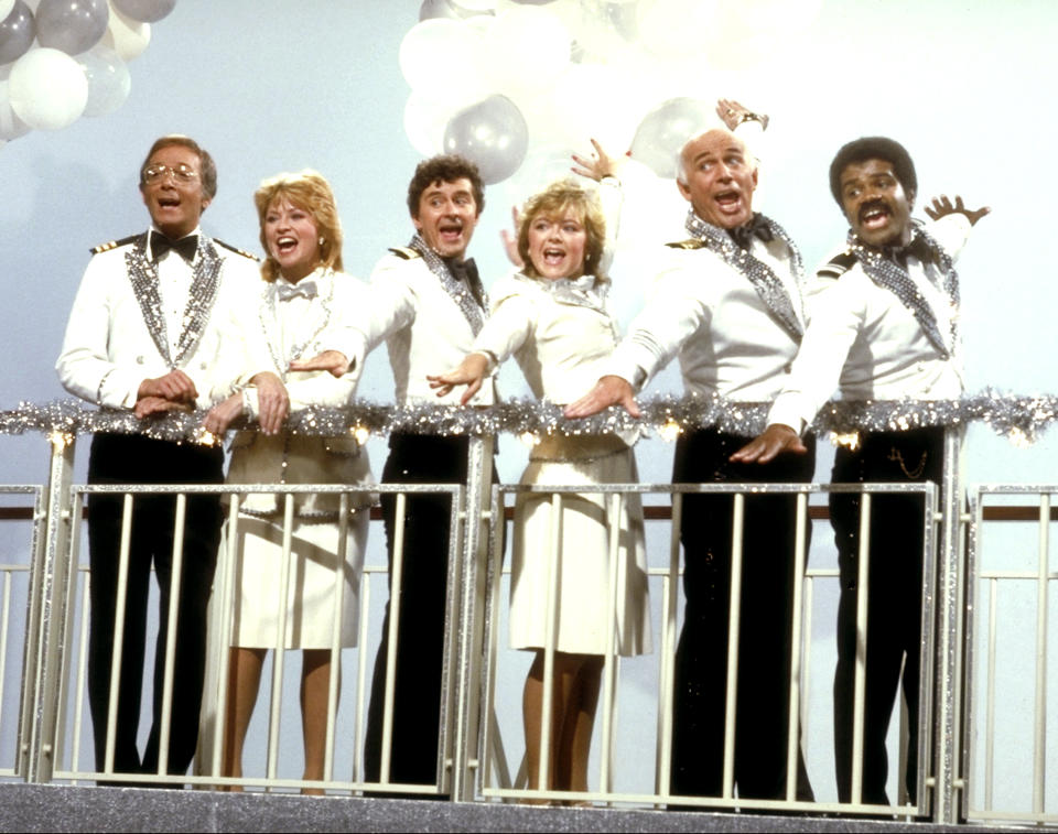 UNITED STATES - DECEMBER 01:  THE LOVE BOAT - gallery - Season Seven - 12/1/83, Pictured, from left: Bernie Kopell (Dr. Adam Bricker), Lauren Tewes (Julie), Fred Grandy (Gopher), Jill Whelan (Vicki), Gavin MacLeod (Capt. Stubing), Ted Lange (Isaac) ,  (Photo by ABC Photo Archives/Disney General Entertainment Content via Getty Images)