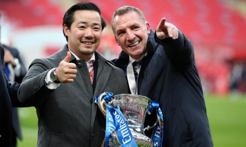 Leicester City chairman Aiyawatt ‘Top’ Srivaddhanaprabha and manager Brendan Rodgers celebrate with the FA Cup after the victory over Chelsea in the 2021 final.