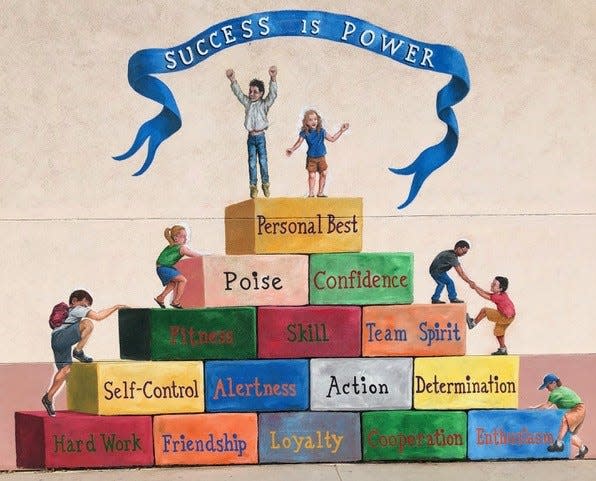 Coach John Wooden's "Pyramid of Success" framework inspired a mural at Lyndon B. Johnson Elementary School in Indio.