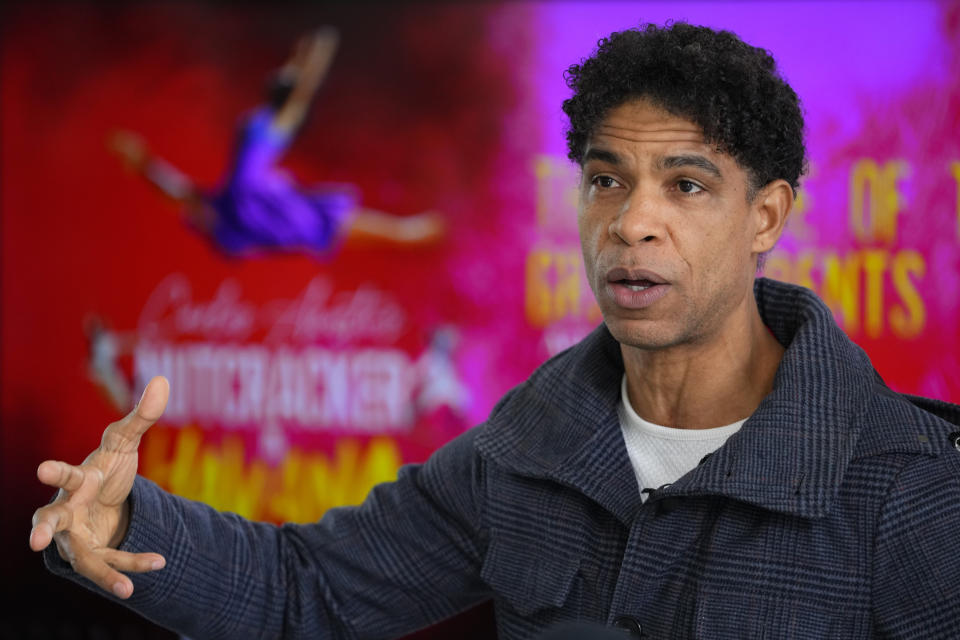 International ballet superstar Carlos Acosta speaks at a presentation for media about his brand-new production 'Nutcracker in Havana' at the Carlos Acosta Dance Studios in London, Monday, March 4, 2024. Nutcracker in Havana will have its world premiere on Nov. 1, 2024 at Norwich Theatre Royal, before embarking on a UK tour including a week at London's Southbank Centre in Dec. 2024, with further venues to be announced. (AP Photo/Kirsty Wigglesworth)