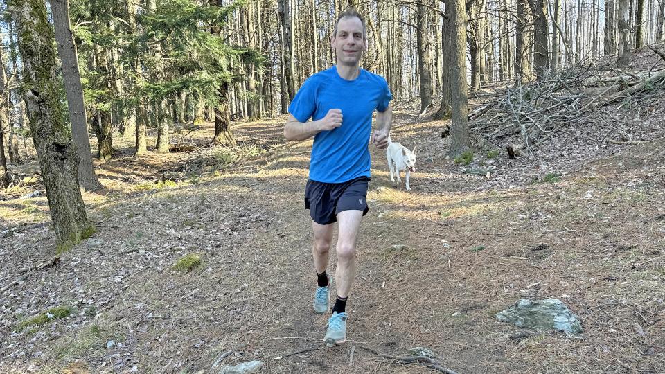 Man wearing Rabbit Run Fuel ’n’ Fly Shorts in the woods
