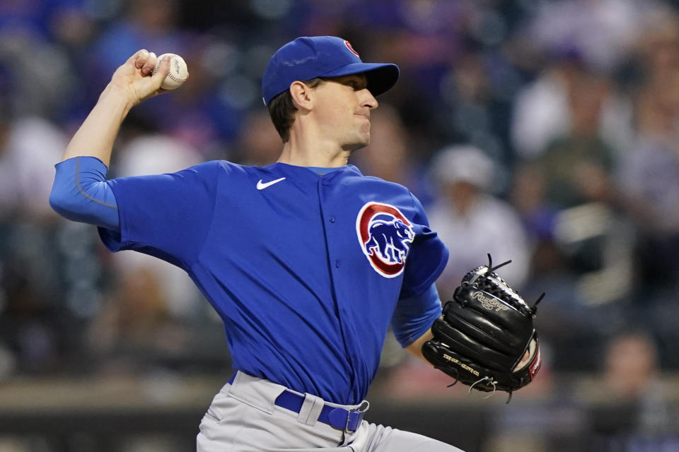 Chicago Cubs starting pitcher Kyle Hendricks winds up during the fifth inning of the team's baseball game against the Chicago Cubs, Thursday, June 17, 2021, in New York. (AP Photo/Kathy Willens)
