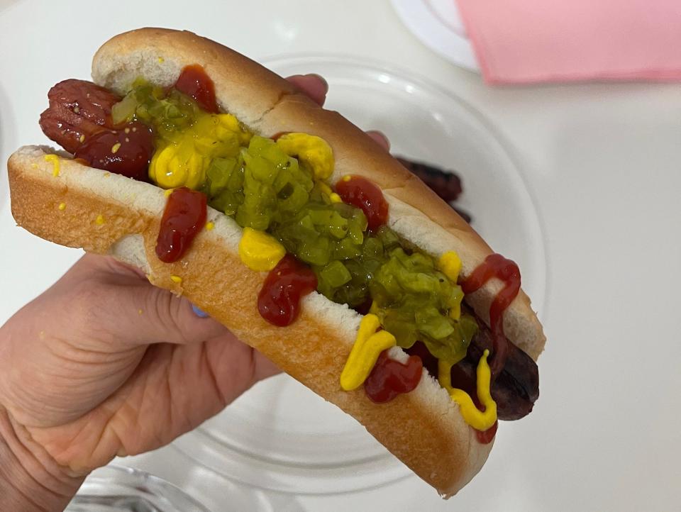 I topped the winning grilled hot dog with all my favorite toppings.