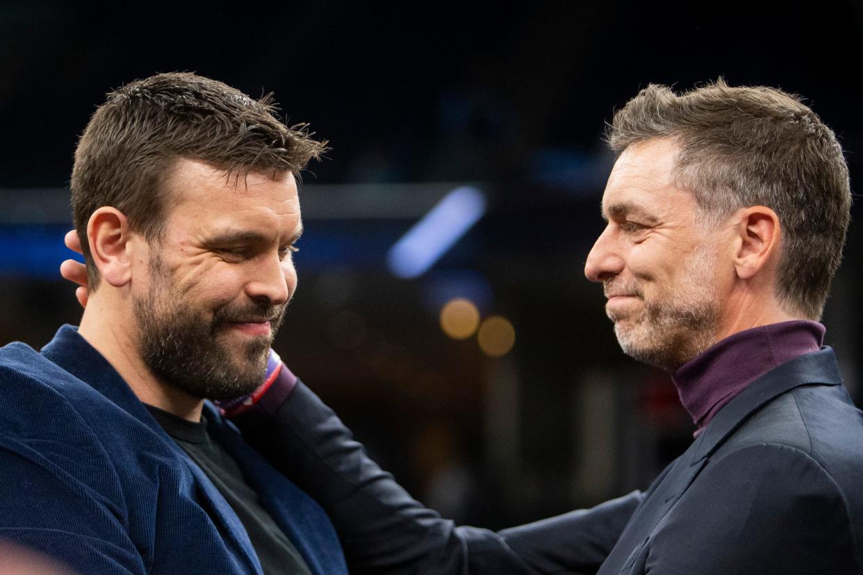 Former Grizzlies player Marc Gasol embraces his brother Pau Gasol after Marc Gasol’s jersey retirement ceremony at FedExForum in Memphis, Tenn., on Saturday, April 6, 2024.