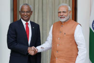 Maldives President Ibrahim Mohamed Solih and India's Prime Minister Narendra Modi shake hands ahead of their meeting at Hyderabad House in New Delhi, December 17, 2018. REUTERS/Adnan Abidi