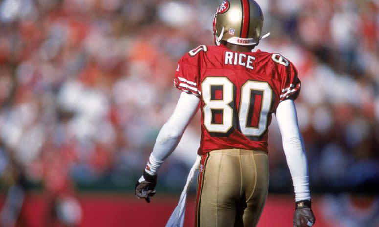 A closeup of Jerry Rice in a 49ers uniform.