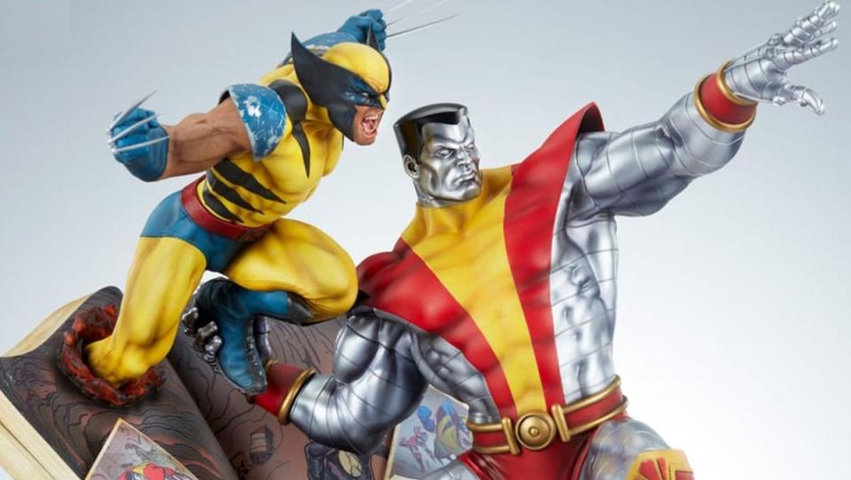 The Wolverine and Colossus u0022fastball specialu0022 Sideshow premium format figure close up.