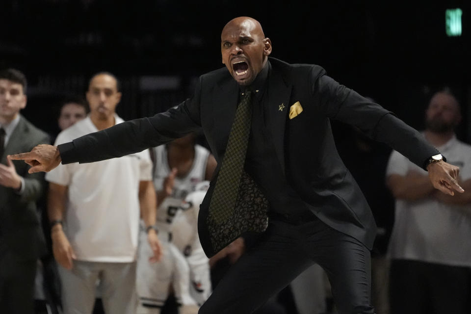 Vanderbilt head coach Jerry Stackhouse yells at his players during the second half of an NCAA college basketball game against Alabama, Saturday, Jan. 6, 2024 in Nashville, Tenn. Alabama won 78-75. (AP Photo/George Walker IV)