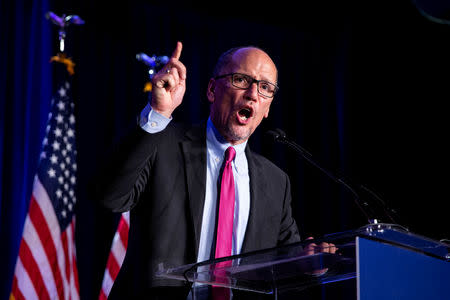 Democratic National Commitee (DNC) Chairman Tom Perez reacts to the results of the U.S. midterm elections at a Democratic election night rally in Washington, U.S. November 6, 2018. REUTERS/Al Drago