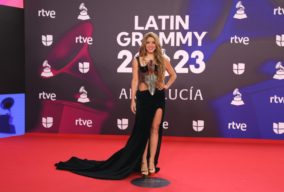 Shakira arrives at the 24th annual Latin Grammy Awards in Seville, Spain, Thursday, Nov. 16, 2023. (Photo by Vianney Le Caer/Invision/AP)