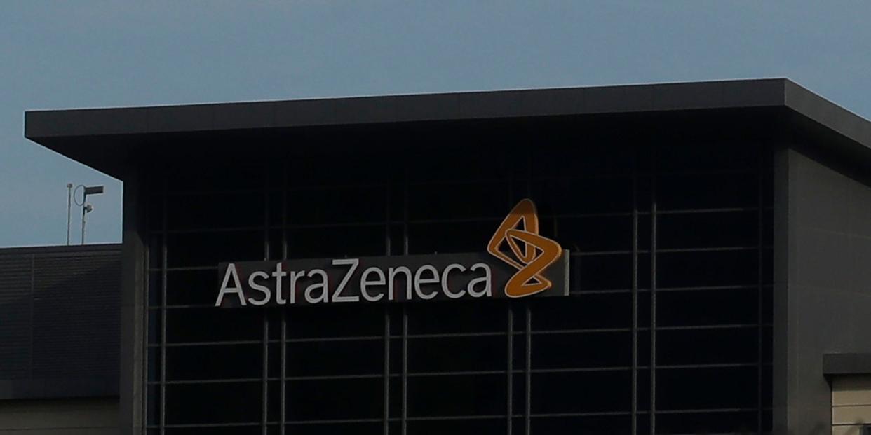 FILE - In this Thursday, Feb. 20, 2020 file photo, a view of the AstraZeneca logo, on a building, in South San Francisco, Calif. Drug maker AstraZeneca secured its first agreements Thursday, May 21, 2020 for 400 million doses of a COVID-19 vaccine, bolstered by an investment from the U.S. vaccine agency. (AP Photo/Jeff Chiu, File)