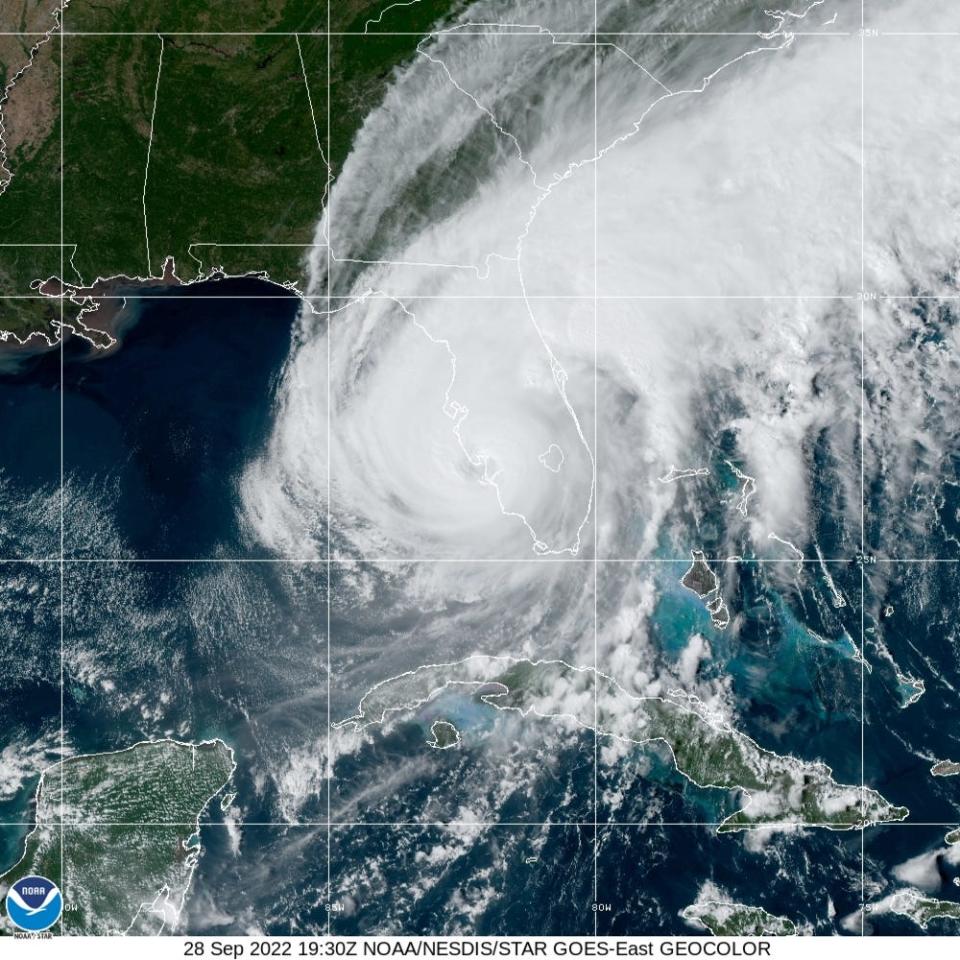 NOAA's STAR GOES East satellite caught this image as Hurricane Ian moved over the Florida coast on Sept. 28, 2022, near Sanibel Island and Cayo Costa State Park.