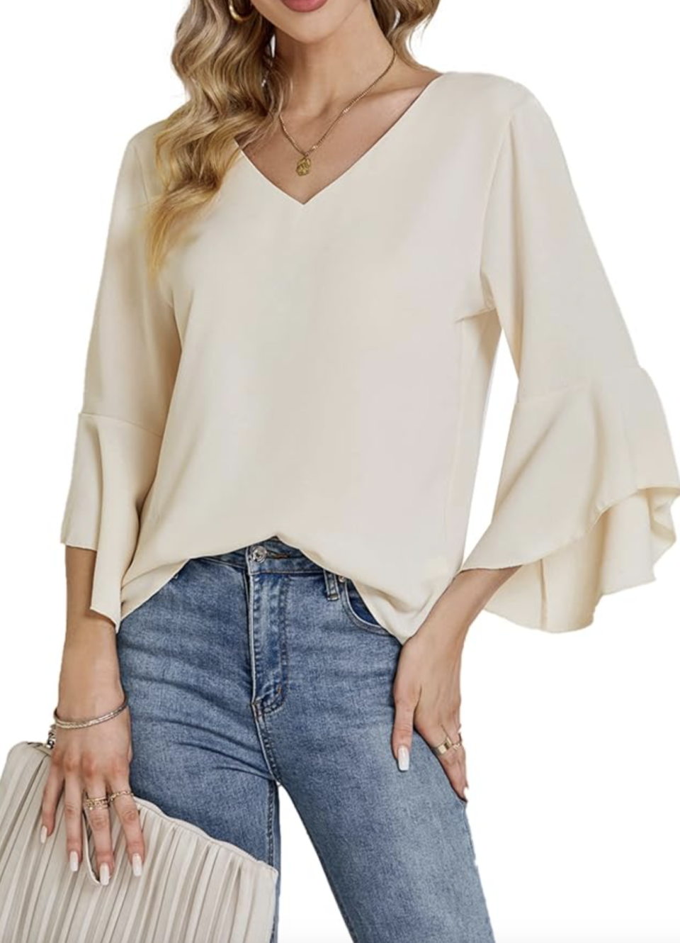 LYANER Women's Casual V Neck Ruffle Bell Sleeve Blouse