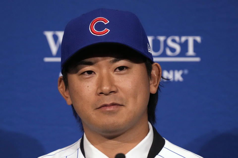 New Chicago Cubs pitcher Shōta Imanaga takes part in a news conference Friday, Jan. 12, 2024, in Chicago. The Japanese left-hander is expected to step right into the baseball team's rotation as it tries to return to the playoffs for the first time since 2020. (AP Photo/Charles Rex Arbogast)