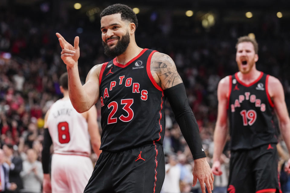 TORONTO, ON - APRIL 12: Fred VanVleet #23 of the Toronto Raptors celebrates against the Chicago Bulls during the 2023 Play-In Tournament at the Scotiabank Arena on April 12, 2023 in Toronto, Ontario, Canada. NOTE TO USER: User expressly acknowledges and agrees that, by downloading and/or using this Photograph, user is consenting to the terms and conditions of the Getty Images License Agreement. (Photo by Andrew Lahodynskyj/Getty Images)