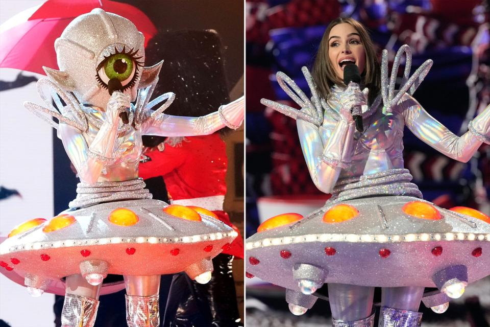 THE MASKED SINGER: UFO in the “Quarter Finals” episode of THE MASKED SINGER airing Wednesday, May 3 (8:00-9:01 PM ET/PT) on FOX. CR: Michael Becker/FOX. ©2023 FOX Media LLC.; THE MASKED SINGER: L-R: Nick Cannon and Olivia Culpo in the “Quarter Finals” episode of THE MASKED SINGER airing Wednesday, May 3 (8:00-9:01 PM ET/PT) on FOX. CR: Michael Becker/FOX. ©2023 FOX Media LLC.